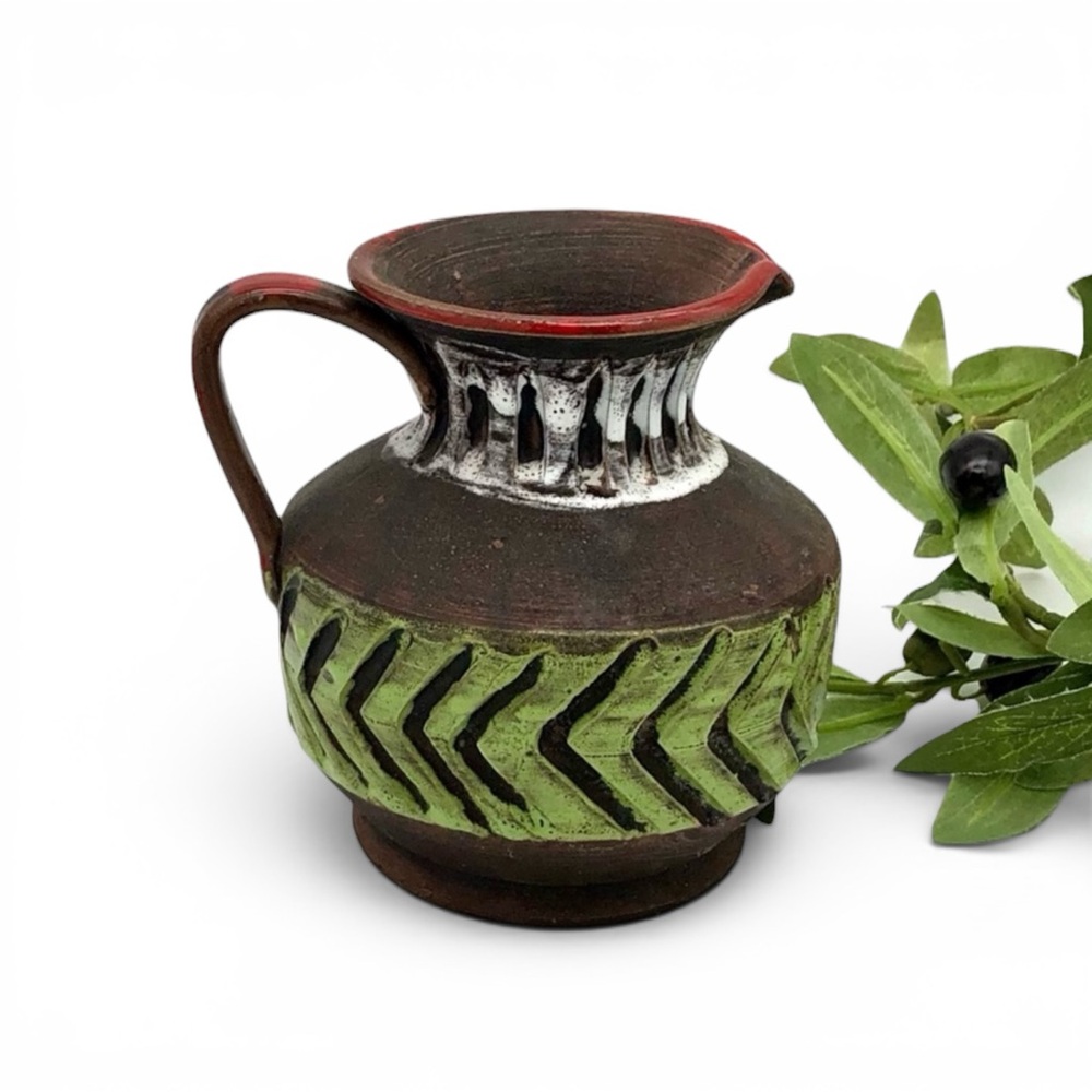Italian Pottery Pitcher Brutalist Lava Glaze Incised Geometric Vtg Italy MCM